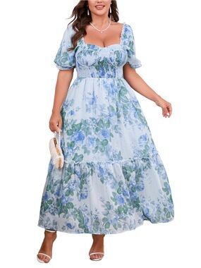 EYWOL 2XL Blue Floral Corset Maxi Dress Cottagecore Puff Sleeve